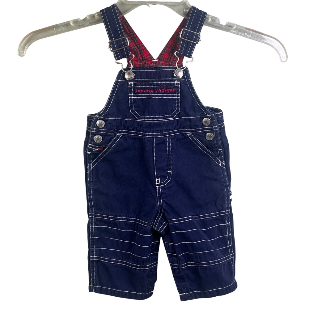 VTG Tommy Hilfiger Infant Blue Denim Bib Overalls Snap Closure 3-6 Months Read